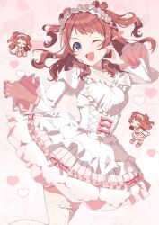 1girl blue_eyes brown_hair dress frilled_dress frilled_sleeves frills gakuen_idolmaster hairband hanami_saki highres idolmaster lolita_fashion lolita_hairband long_hair long_sleeves looking_at_viewer misuzu0342 open_mouth pink_dress red_nails red_ribbon ribbon smile thighhighs white_dress white_thighhighs wide_sleeves