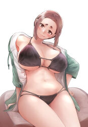 Rule 34 | 1girl, bikini, black bikini, breasts, brown eyes, brown hair, cleavage, feet out of frame, food, green jacket, hand up, head tilt, highres, holding, huge breasts, jacket, kaii to otome to kamikakushi, looking at viewer, mole, mole under eye, multi-strapped bikini bottom, navel, nujima, official art, ogawa sumireko, open clothes, open jacket, popsicle, short eyebrows, short hair, simple background, sitting, solo, stomach, swimsuit, thick thighs, thighs, translated, underboob, white background