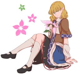Rule 34 | 1girl, arm warmers, black skirt, blonde hair, commentary request, flower, full body, green eyes, highres, holding, holding flower, kneehighs, long hair, looking at viewer, mary janes, mefomefo, mizuhashi parsee, parted lips, pointy ears, scarf, shoes, short hair, short sleeves, simple background, sitting, skirt, socks, solo, touhou, white background