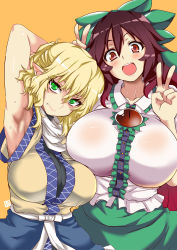Rule 34 | 2girls, :d, aoi manabu, arm up, armpits, blonde hair, bow, breasts, brown eyes, brown hair, commentary request, double v, fang, green eyes, hair bow, huge breasts, large breasts, lips, looking at viewer, mizuhashi parsee, multiple girls, open mouth, pointy ears, red eyes, reiuji utsuho, round teeth, shirt, skirt, smile, sweat, teeth, third eye, toned, touhou, v