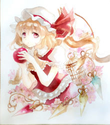 Rule 34 | 1girl, acrylic paint (medium), apple, ascot, bad id, bad pixiv id, bird, birdcage, blonde hair, cage, cherry blossoms, flandre scarlet, food, frills, fruit, hat, hat ribbon, keiko (mitakarawa), looking at viewer, mob cap, painting (medium), puffy short sleeves, puffy sleeves, red eyes, ribbon, shikishi, short hair, short sleeves, side ponytail, simple background, skirt, skirt set, solo, touhou, traditional media, watercolor (medium), white background, wings