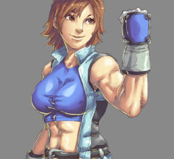 Rule 34 | 1girl, abs, breasts, brown eyes, brown hair, clenched hand, crop top, female focus, kazama asuka, large breasts, mick cortes, muscular, navel, shirt, short hair, sleeveless, smile, solo, taut clothes, taut shirt, tekken, toned