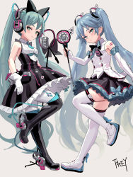 Rule 34 | 2girls, aqua eyes, aqua hair, aqua neckwear, artist name, bare shoulders, beige background, black bow, black footwear, black skirt, blue bow, blue hair, blush, boots, bow, breasts, cable, chinese commentary, commentary request, detached sleeves, dress, dual persona, eighth note, fkey, full body, gloves, hair bow, hatsune miku, headphones, high heel boots, high heels, highres, holding, long hair, looking at viewer, magical mirai miku, magical mirai miku (2016), magical mirai miku (2017), medium breasts, miniskirt, multiple girls, musical note, necktie, pantyhose, petticoat, pleated skirt, signature, simple background, skirt, sleeveless, sleeveless dress, smile, standing, standing on one leg, tattoo, thigh boots, thighhighs, thighs, twintails, very long hair, vest, vocaloid, white footwear, white gloves, white legwear, white vest, wing collar, zettai ryouiki