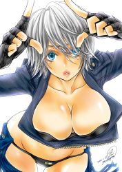 Rule 34 | 1girl, angel (kof), bent over, blue eyes, bra, breasts, chaps, cleavage, collarbone, cropped jacket, horns pose, fingerless gloves, gloves, hair over one eye, highres, index fingers raised, jacket, large breasts, leaning forward, leather, leather jacket, looking at viewer, open mouth, panties, simple background, snk, solo, standing, strapless, strapless bra, the king of fighters, the king of fighters xiv, toned, underwear, zennomituaka