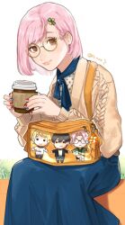 Rule 34 | 1girl, bag, bespectacled, blue nails, blue neckerchief, blue sky, bob cut, casual, character print, chibi, closed mouth, clover hair ornament, cup, disposable cup, fe rune, feet out of frame, glasses, hair behind ear, hair ornament, hairclip, hands up, holding, holding cup, honda iku, kazama ryouta, knit sweater, long skirt, long sleeves, multicolored nails, nail polish, nanatsumori minoru, neckerchief, pink hair, pinwheel, protagonist (tokimemo gs4), red eyes, red nails, round eyewear, short hair, shoulder bag, sitting, skirt, sky, smile, solo, sweater, tokimeki memorial, tokimeki memorial girl&#039;s side 4th heart, twintails, white background, yellow-framed eyewear