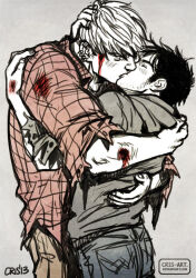 Rule 34 | 2boys, bara, black hair, blonde hair, blood, blood on clothes, blush, bruise, couple, cris art, denim, facial hair, hand on another&#039;s head, hug, hulkling, injury, jeans, kiss, long sideburns, male focus, marvel, multiple boys, muted color, mutual hug, pants, short hair, sideburns, sideburns stubble, sketch, sparse stubble, stubble, thick eyebrows, toned, toned male, wiccan, yaoi