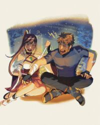 Rule 34 | 1boy, 1girl, bandaged arm, bandages, blush, brown hair, chest jewel, crossed legs, facial hair, father and daughter, glimmer (xenoblade), goatee, highres, indian style, night, ohprcr, ponytail, red hair, rex (xenoblade), scar, scar across eye, sitting, xenoblade chronicles (series), xenoblade chronicles 3, xenoblade chronicles 3: future redeemed