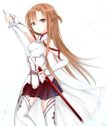Rule 34 | 10s, 1girl, :o, armpits, asuna (sao), bad id, bad pixiv id, brown eyes, brown hair, detached sleeves, holding, kirimoti34, long hair, looking at viewer, scabbard, sheath, sheathing, skirt, solo, sword, sword art online, thighhighs, unsheathing, weapon, white background, white thighhighs