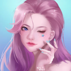 Rule 34 | 1girl, absurdres, aqua nails, blue background, blue eyes, earrings, gradient background, hand up, highres, huge filesize, jewelry, k/da (league of legends), league of legends, lips, long hair, makeup, nail polish, one eye closed, pink hair, portrait, seraphine (league of legends), solo, translation request, yegou