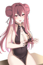 Rule 34 | 1girl, absurdres, azur lane, bare shoulders, black dress, braid, braided bun, breasts, bremerton (azur lane), bremerton (kung fu cruiser) (azur lane), center opening, china dress, chinese clothes, cleavage, double bun, dress, unworn eyewear, grey hair, hair between eyes, hair bun, highres, large breasts, light blush, long hair, looking at viewer, mole, mole on breast, multicolored hair, murding, no bra, official alternate costume, pelvic curtain, red-tinted eyewear, round eyewear, side slit, simple background, sitting, sleeveless, sleeveless dress, solo, streaked hair, sunglasses removed, tinted eyewear, tongue, tongue out, white background