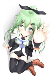 Rule 34 | 10s, 1girl, black thighhighs, blue eyes, commentary request, detached sleeves, foreshortening, from above, green hair, hair ornament, hair ribbon, hairclip, highres, kantai collection, long hair, looking at viewer, looking up, mochiyuki, parted lips, pleated skirt, reaching, ribbon, school uniform, serafuku, simple background, sitting, skirt, solo, sora (kari), thighhighs, white background, yamakaze (kancolle), zettai ryouiki