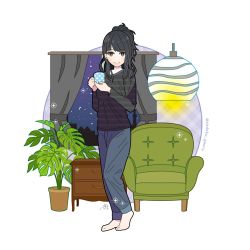 Rule 34 | 1girl, barefoot, black hair, blue eyes, chair, closed mouth, cup, highres, holding, holding cup, idolmaster, idolmaster shiny colors, indoors, kazano hiori, lamp, living room, long hair, long sleeves, looking at viewer, mole, mole under mouth, pants, plant, ponytail, potted plant, smile, solo, standing, sweater, sweatpants, window, yadokugaeru