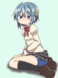 Rule 34 | 1girl, ass, between legs, black skirt, black socks, blue background, blue buruma, blue eyes, blue hair, blush, bow, bowtie, breasts, brown footwear, buruma, closed mouth, clothes lift, embarrassed, female focus, from side, full body, hair ornament, hairclip, hand between legs, highres, juliet sleeves, kneehighs, long sleeves, looking at viewer, mahou shoujo madoka magica, miki sayaka, miniskirt, nose blush, plaid, plaid skirt, pleated skirt, ponnu (tnpn2yw), puffy sleeves, red bow, red bowtie, school uniform, shirt, shoes, short hair, simple background, sitting, skirt, skirt lift, small breasts, socks, solo, yellow shirt
