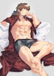 Rule 34 | 1boy, abs, bara, bare pectorals, boxers, brown hair, bulge, coat, crossed legs, edging underwear, elbow rest, erection, erection under clothes, facial hair, fate/grand order, fate (series), feet, foot out of frame, goatee, grey male underwear, hector (fate), highres, imoda, long hair, looking at viewer, male focus, male underwear, mature male, muscular, muscular male, navel, navel hair, nipples, no pants, no shirt, open clothes, open coat, pectorals, solo, stomach, thighs, toes, underwear