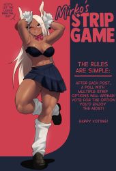 Rule 34 | 1girl, :p, abs, absurdres, animal ears, arm behind head, armpits, arms up, black bra, black skirt, blush, boku no hero academia, bow, bowtie, bra, breasts, brown footwear, character name, cleavage, commentary, dark-skinned female, dark skin, echo saber, english commentary, english text, full body, gloves, highres, large breasts, leg warmers, lips, loafers, long eyelashes, long hair, looking at viewer, meme, miniskirt, mirko, one eye closed, paw pose, pleated skirt, rabbit ears, rabbit girl, red bow, red bowtie, red eyes, shoes, simple background, skirt, sleeves rolled up, solo, standing, standing on one leg, strapless, strapless bra, thick thighs, thighs, toned, tongue, tongue out, twitter strip game (meme), underwear, very long hair, white gloves, white hair, white legwear