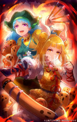 Rule 34 | 2girls, 60mai, apron, arm ribbon, arm up, between fingers, blonde hair, blue hair, blue ribbon, bow, breasts, brush, closed mouth, double bun, dress, dress bow, fire, flower, green apron, green headwear, green scarf, hair bun, hair ribbon, hands up, haniwa (statue), haniyasushin keiki, holding, joutouguu mayumi, leaf, long hair, long sleeves, looking at viewer, looking to the side, looking up, medium breasts, multiple girls, open mouth, pants, pink eyes, pocket, puffy short sleeves, puffy sleeves, red bow, red ribbon, ribbon, scarf, short hair, short sleeves, smile, touhou, weapon, white flower, white pants, white ribbon, white sleeves, wide sleeves, yellow dress, yellow eyes, yellow sleeves