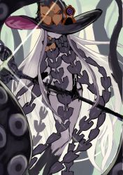 Rule 34 | 1girl, abigail williams (fate), abigail williams (third ascension) (fate), absurdres, black bow, bow, colored skin, fate/grand order, fate (series), flower, grey hair, grey skin, hat, highres, holding, holding weapon, hoshibudou, huge filesize, long hair, orange bow, polka dot, polka dot bow, tentacles, weapon, witch hat