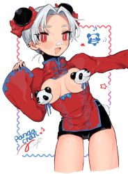 Rule 34 | 1girl, beamed eighth notes, black shorts, breasts, breasts apart, breasts out, bun cover, chinese clothes, cowboy shot, cropped legs, double bun, eighth note, hair bun, highres, long sleeves, musical note, open mouth, original, pasties, red eyes, shorts, smile, solo, soreeyu (sore-yu), star (symbol), white hair, wide sleeves