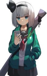 Rule 34 | 1girl, black hairband, black skirt, blue eyes, breasts, cellphone, closed mouth, collar, collared shirt, ghost print, green jacket, green sleeves, grey hair, hairband, hand in pocket, hand up, highres, jacket, katana, konpaku youmu, light, long sleeves, looking to the side, medium breasts, miniskirt, necktie, open clothes, open jacket, phone, pleated skirt, puffy long sleeves, puffy sleeves, red necktie, school uniform, serafuku, shadow, shirt, short hair, simple background, skirt, smartphone, solo, standing, sword, touhou, weapon, white background, white shirt, yuujin (yuzinn333)
