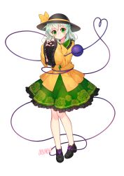 Rule 34 | 1girl, artist name, black hat, blush, bow, closed mouth, floral print, frilled shirt collar, frills, full body, green eyes, green hair, green skirt, hat, hat bow, heart, heart hands, highres, komeiji koishi, long sleeves, looking at viewer, matching hair/eyes, milcona, petticoat, shirt, skirt, smile, solo, touhou, white background, wide sleeves, yellow bow, yellow shirt