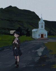 Rule 34 | 1girl, black cardigan, black eyes, black hair, black skirt, blush, brown footwear, brown socks, cardigan, church, collared shirt, commentary, contrapposto, empty eyes, english commentary, full body, grey sky, highres, io (onisarashi), looking to the side, mountainous horizon, original, outdoors, own hands together, painterly, shirt, short hair, skirt, sky, socks, solo, white shirt