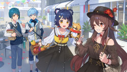 Rule 34 | 2022, 2boys, 2girls, alternate costume, bag, bare shoulders, basket, blouse, blue eyes, blue hair, book, braid, breasts, brown hair, casual, chili pepper, chongyun (genshin impact), contemporary, ddal, earrings, fedora, flower, food, genshin impact, guoba (genshin impact), hair ornament, hairclip, hat, hat flower, highres, holding hands, hu tao (autumn pop-up store) (genshin impact), hu tao (genshin impact), ice cream, jewelry, korean text, multiple boys, multiple girls, official art, one eye closed, open mouth, panda, pants, red eyes, ring, school uniform, shirt, shopping, shopping bag, skirt, smile, twin braids, twintails, wristband, xiangling (genshin impact), xingqiu (genshin impact), yellow eyes