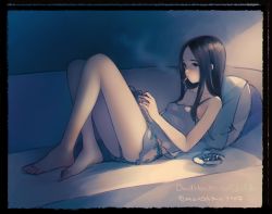 Rule 34 | 1girl, ashtray, bare legs, barefoot, black hair, breasts, camisole, cigarette, couch, feet, female focus, freckles, grey camisole, highres, kokudou juunigou, long hair, lying, notebook, on couch, original, photo-referenced, pillow, reading, short shorts, shorts, small breasts, smoke, smoking, solo, toes