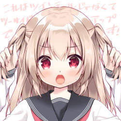 Rule 34 | 1girl, text background, black sailor collar, blush, brown hair, ears visible through hair, hair between eyes, hands up, highres, long sleeves, looking at viewer, nail polish, open mouth, original, pink nails, portrait, purinpurin, red eyes, sailor collar, school uniform, serafuku, shirt, simple background, sleeves past wrists, solo, sweat, translation request, two side up, white background, white shirt