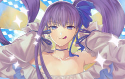 Rule 34 | 1girl, absurdres, aikawa lotus, blue eyes, choker, collarbone, commentary request, emotional engine - full drive, fate/grand order, fate (series), hair between eyes, highres, long hair, long sleeves, looking at viewer, meltryllis, meltryllis (fate), meltryllis (swimsuit lancer) (fate), meltryllis (swimsuit lancer) (third ascension) (fate), purple hair, sleeves past fingers, sleeves past wrists, smile, solo, swimsuit, tongue, tongue out, very long hair