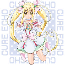 Rule 34 | 1girl, blonde hair, boo (takagi), boots, bow, character name, choker, cure echo, earrings, frills, full body, hair ornament, hair ribbon, heart, heart hair ornament, heart hands, highres, jewelry, knee boots, long hair, looking at viewer, magical girl, pink bow, precure, precure all stars new stage: mirai no tomodachi, ribbon, sakagami ayumi, skirt, smile, solo, twintails, waist bow, white choker, white footwear, white skirt, wrist cuffs, yellow eyes