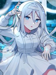 Rule 34 | 1girl, bandaged arm, bandaged hand, bandaged head, bandages, blue eyes, buttons, collared dress, commentary, dress, ghost, ghost pose, hand tattoo, highres, long hair, long sleeves, looking at viewer, open mouth, project sekai, puffy long sleeves, puffy sleeves, solo, sweat, sweatdrop, tattoo, very long hair, waka (wk4444), white dress, white hair, yoisaki kanade