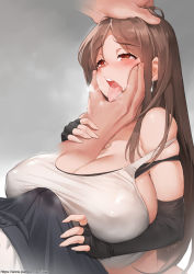 Rule 34 | 1girl, bare shoulders, black gloves, blush, breasts, brown eyes, brown hair, bulge, cleavage, covered erect nipples, earrings, elbow gloves, erection, erection under clothes, final fantasy, final fantasy vii, fingerless gloves, gao (gaolukchup), gloves, half-closed eyes, hand on another&#039;s cheek, hand on another&#039;s face, hand on another&#039;s head, heavy breathing, huge breasts, jewelry, long hair, open mouth, saliva, simple background, skindentation, solo focus, strap slip, tank top, tifa lockhart, tongue, tongue out, watermark, web address