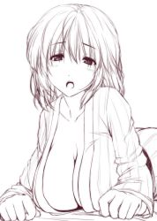 Rule 34 | 1girl, :o, alternate costume, blush, breasts, cleavage, downblouse, eyebrows, greyscale, hair between eyes, half-closed eyes, large breasts, long sleeves, looking at viewer, lying, monochrome, nightgown, nori tamago, on stomach, open clothes, open mouth, perspective, saigyouji yuyuko, simple background, sketch, solo, touhou, waking up, white background, wide sleeves