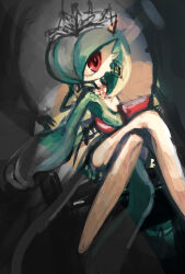 Rule 34 | 1girl, bob cut, clothed pokemon, colored skin, creatures (company), crossed legs, crown, earrings, female focus, flat chest, game freak, gardevoir, gen 3 pokemon, green hair, green skin, grey headwear, hair over one eye, highres, jewelry, legs, multicolored skin, necklace, nintendo, on chair, one eye covered, pokemon, pokemon (creature), short hair, sitting, sketch, solo, tensaitou tou, throne, two-tone skin, white skin
