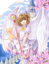 Rule 34 | 1girl, :d, antenna hair, brown hair, cardcaptor sakura, choker, cloud, cloudy sky, collarbone, cowboy shot, day, dress, feathered wings, flower, frilled thighhighs, frills, green eyes, hair ornament, head tilt, highres, holding, holding staff, jewelry, kero (cardcaptor sakura), kinomoto sakura, layered dress, looking at viewer, necklace, open mouth, outdoors, petals, pink flower, pleated dress, short dress, short hair, short sleeves, short twintails, sky, smile, solo, staff, star (symbol), star necklace, thighhighs, twintails, two side up, white dress, white thighhighs, white wings, wings, yuutarou (fukiiincho)