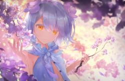 Rule 34 | 1girl, absurdres, bad id, bad pixiv id, bare shoulders, blurry, blush, branch, cherry blossoms, closed mouth, commentary, depth of field, flower, hair between eyes, hair flower, hair ornament, highres, holding, holding branch, huge filesize, kudou chitose, looking at viewer, nijisanji, open clothes, outdoors, ribbon, short hair, sleeveless, smile, solo, t6 ti, upper body, virtual youtuber, white hair, white neckwear, white ribbon, yellow eyes