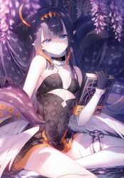 Rule 34 | 1girl, absurdres, ao-chan (ninomae ina&#039;nis), black dress, blue eyes, blunt bangs, book, breasts, cleavage, dress, gradient hair, halo, highres, holding, holding book, hololive, hololive english, long hair, looking at viewer, mole, mole under eye, multicolored hair, ninomae ina&#039;nis, ninomae ina&#039;nis (1st costume), pointy ears, purple hair, scan, single thighhigh, sitting, small breasts, smile, solo, tentacle hair, tentacles, thighhighs, toosaka asagi, very long hair, virtual youtuber, white thighhighs