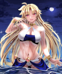 Rule 34 | 1girl, :d, bikini, blonde hair, bracelet, breasts, cleavage, collarbone, criss-cross halter, fate testarossa, floating hair, gluteal fold, halterneck, hand in own hair, highres, jewelry, large breasts, long hair, looking at viewer, lyrical nanoha, mahou shoujo lyrical nanoha strikers, moon, navel, night, open mouth, red eyes, sky, smile, solo, sougetsu izuki, star (sky), starry sky, swimsuit, thigh gap, very long hair, wading, white bikini