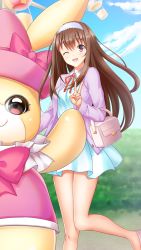 Rule 34 | 1girl, ;d, bag, blue dress, blue sky, blush, brown eyes, brown hair, cloud, day, doukyuusei another world, dress, floating hair, game cg, hairband, handbag, jacket, kakyuusei, long hair, long sleeves, looking at viewer, neck ribbon, official art, one eye closed, open clothes, open jacket, open mouth, outdoors, purple jacket, red ribbon, ribbon, short dress, sky, smile, solo, standing, v, very long hair, white hairband, yuuki mizuho