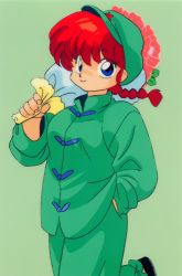 Rule 34 | 1980s (style), 1girl, bouquet, braid, braided ponytail, carrying over shoulder, chinese clothes, cowboy shot, flower, fuurinkan high school uniform, genderswap, genderswap (mtf), green headwear, green theme, hair ornament, holding, holding bouquet, legs up, long sleeves, official art, oldschool, ranma-chan, ranma 1/2, red hair, retro artstyle, saotome ranma, school uniform, simple background, single braid, solo, star (symbol), star hair ornament, tangzhuang