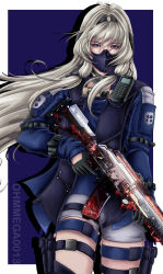 Rule 34 | 1girl, absurdres, an-94, an-94 (girls&#039; frontline), an-94 (girls&#039; frontline) (cosplay), aqua eyes, artist name, artist request, assault rifle, blue eyes, call of duty, call of duty: mobile, cosplay, girls&#039; frontline, gloves, grey hair, gun, hairband, highres, jacket, long hair, looking at viewer, mask, rifle, scylla (call of duty: mobile), simple background, solo, tagme, weapon, white hair