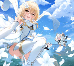 Rule 34 | 2girls, ayul (ayulneri 92), bare shoulders, blonde hair, blue eyes, blush, breasts, detached sleeves, dress, feather hair ornament, feathers, flower, genshin impact, hair flower, hair ornament, halo, highres, long sleeves, looking at viewer, lumine (genshin impact), medium breasts, medium hair, multiple girls, open mouth, paimon (genshin impact), revision, scarf, shirt, sidelocks, smile, thighhighs, thighs, white dress, white hair, white scarf, white shirt, white thighhighs, yellow eyes