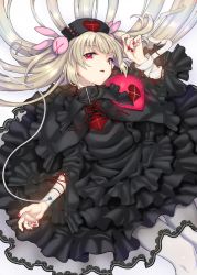 Rule 34 | 1girl, aya shachou, bandaged wrist, bandages, black capelet, black dress, black hat, capelet, cowboy shot, dress, fingernails, grey hair, hair ornament, hair spread out, hand up, hat, highres, intravenous drip, long sleeves, looking at viewer, lying, nail polish, natori sana, on back, pantyhose, parted lips, rabbit hair ornament, red eyes, red nails, sana channel, solo, thigh gap, two side up, virtual youtuber, white pantyhose