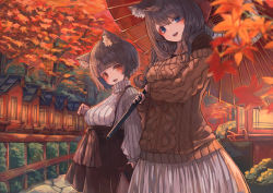 Rule 34 | 2girls, alternate costume, animal ear fluff, animal ears, aran sweater, architecture, autumn, autumn leaves, azur lane, black hair, blue eyes, blunt bangs, blush, breasts, cable knit, cat ears, cobblestone, commentary request, day, east asian architecture, eyeshadow, falling leaves, fang, forest, fusou (azur lane), hakama, hakama short skirt, hakama skirt, high-waist skirt, highres, japanese clothes, large breasts, leaf, long hair, looking at viewer, makeup, md5 mismatch, multiple girls, nature, nyucha, oil-paper umbrella, open mouth, outdoors, path, red eyes, resolution mismatch, ribbed sweater, road, short hair, skirt, smile, source larger, standing, straight hair, sweater, tree, umbrella, wavy hair, yamashiro (azur lane)