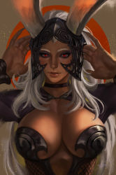 Rule 34 | 1girl, animal ears, body freckles, breasts, choker, dark-skinned female, dark skin, ears through headwear, final fantasy, final fantasy xii, fran (ff12), freckles, helmet, highres, large breasts, lips, long hair, looking at viewer, rabbit ears, red eyes, revealing clothes, soffa, solo, square enix, upper body, viera, white hair