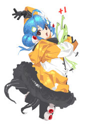 Rule 34 | 1girl, absurdres, ahoge, arm up, black eyes, black gloves, blue hair, borrowed character, character request, double bun, extra eyes, frog, fur-trimmed jacket, fur trim, gloves, hair between eyes, hair bun, highres, holding, holding stuffed toy, hood, hooded jacket, jacket, light blue hair, looking at another, medium hair, open mouth, original, red eyes, shisantian, simple background, slit pupils, solo, stuffed animal, stuffed toy, tentacles, white background, yellow jacket