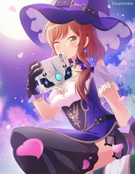 Rule 34 | 1girl, ;3, arm support, artist name, bang dream!, bare shoulders, belt, black belt, black gloves, black thighhighs, blue flower, blue rose, blush, book, breasts, brown hair, cherry blossoms, cleavage, collarbone, commentary, cowboy shot, crossed legs, despuntater, dress, earrings, english commentary, falling petals, flower, flower earrings, full moon, genshin impact, gloves, green eyes, hat, hat belt, hat flower, highres, holding, holding book, imai lisa, jewelry, large breasts, lisa (genshin impact), long hair, looking at viewer, low tied hair, medium breasts, moon, multicolored clothes, multicolored dress, name connection, night, one eye closed, outdoors, petals, purple flower, purple hat, purple rose, rose, side slit, sidelocks, sitting, sleeveless, sleeveless dress, smile, solo, thighhighs, witch hat