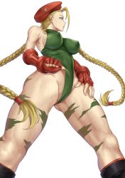 Rule 34 | 1girl, absurdres, adjusting clothes, beret, blonde hair, blue eyes, bodysuit, braid, breasts, cameltoe, cammy white, camouflage, capcom, covered erect nipples, fingerless gloves, from below, frontal wedgie, gloves, green bodysuit, green leotard, hat, highleg, highres, kurone rinka, leotard, long bangs, looking to the side, medium breasts, nail polish, red gloves, red hat, sideboob, simple background, sleeveless, solo, street fighter, sweat, thong leotard, twin braids, wedgie, white background