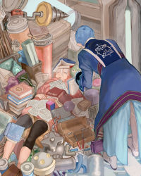 Rule 34 | 1boy, 1girl, 3838383, blanket, blue hair, book, book on head, bookshelf, box, buried, coat, drill, closed eyes, from behind, hubert ozwell, leggings, machinery, multicolored hair, object on head, open book, paper, pascal (tales), red hair, screwdriver, short hair, sleeping, tales of (series), tales of graces, two-tone hair, white hair