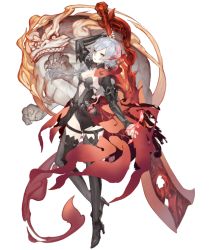 Rule 34 | 1girl, asymmetrical bangs, boots, breasts, bright pupils, claws, clothing cutout, dark persona, full body, hair ornament, half-nightmare, high heels, huge weapon, ji no, lion, looking at viewer, navel, navel cutout, official art, pale skin, red eyes, shrug (clothing), sinoalice, small breasts, snow white (sinoalice), solo, sword, sword behind back, thigh boots, thigh strap, thighhighs, transparent background, weapon, white hair, white pupils